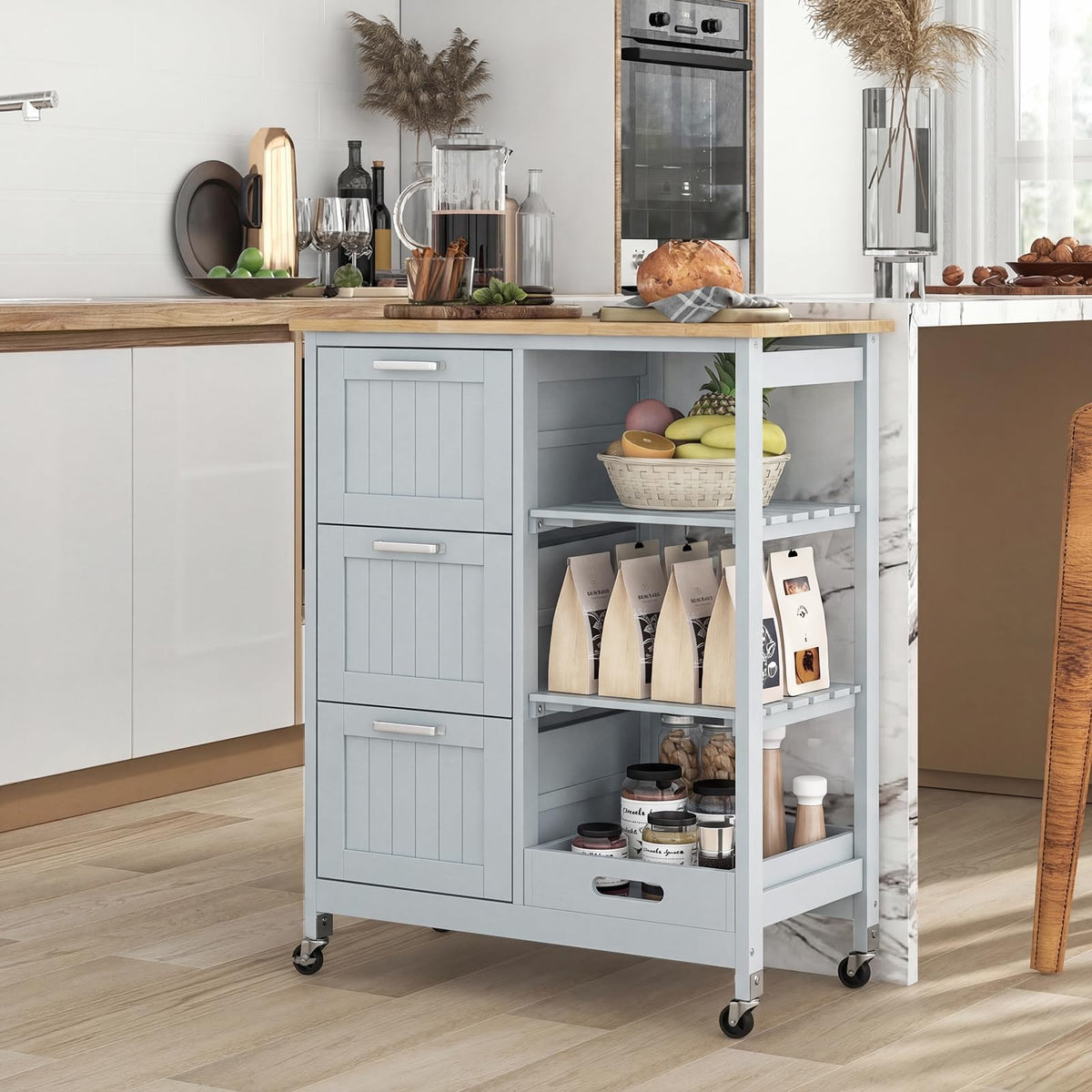 GIANTEX Kitchen Island Cart on Wheels, Rolling Utility Cart w/Rubber Wood Top, 3 Storage Drawers & 2 Removable Shelves & Removable Tray, Lockable Casters, Serving Cart for Dining Room, Bar, White