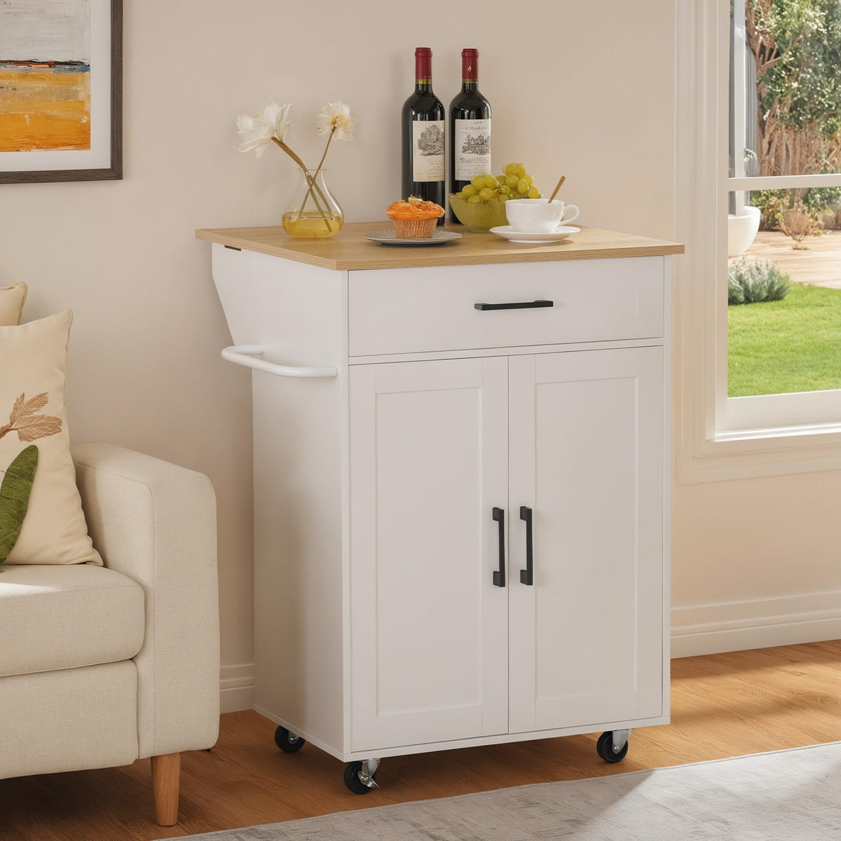 MAHANCRIS Kitchen Island on Wheels with Drop Leaf, Folding Countertop Kitchen Island Cart, Kitchen Island Table with Towel Rack, Drawer, for Kitchen, Dining Room, White and Walnut KIBZ12501