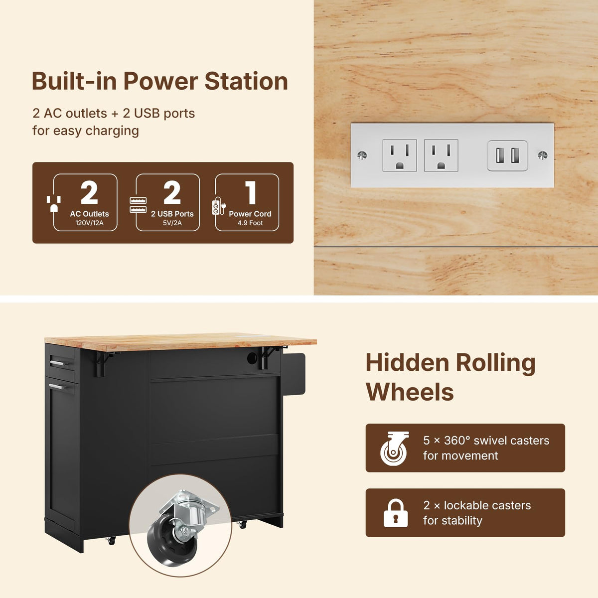 Dripex 41.5'' Kitchen Island with Power Outlet, Trash Cabinet & Storage