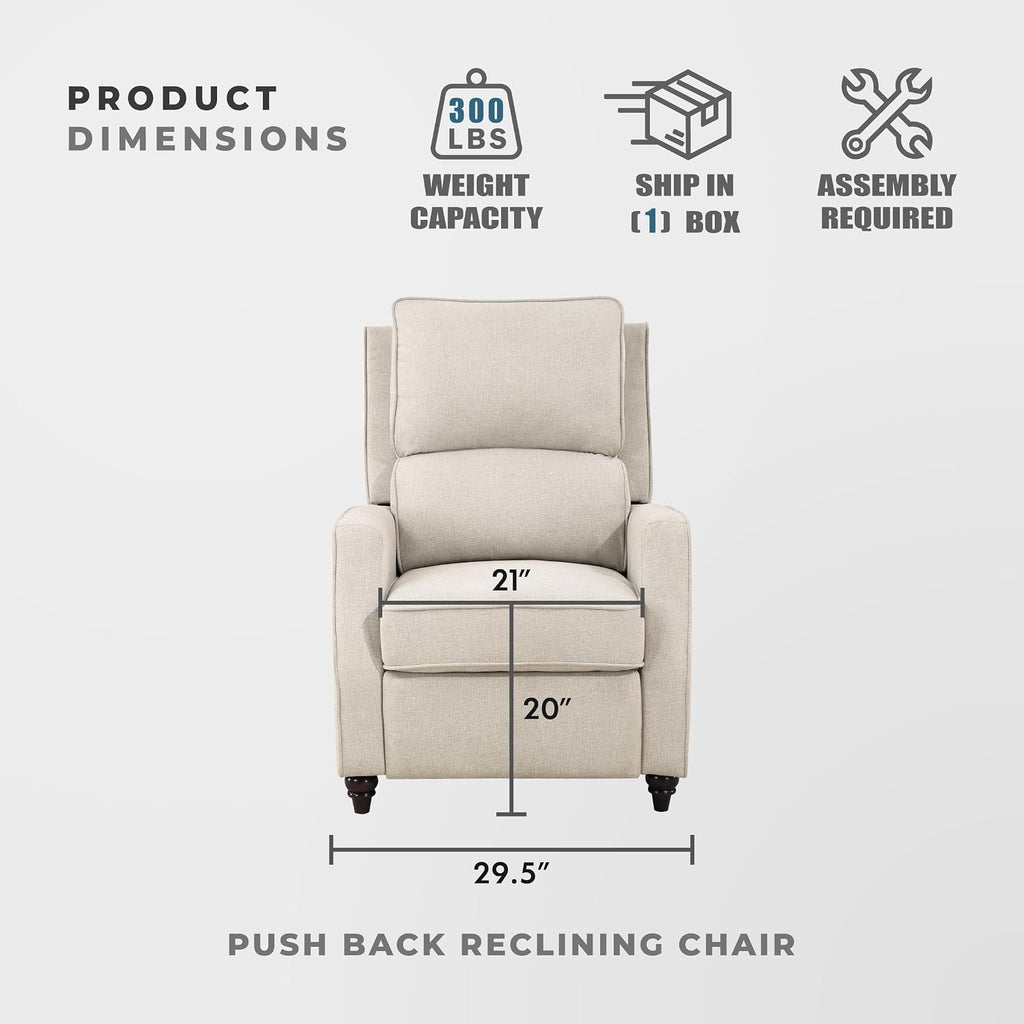 Lexicon Textured Fabric Push Back Manual Recliner Chair, 29.5" W, Beige
