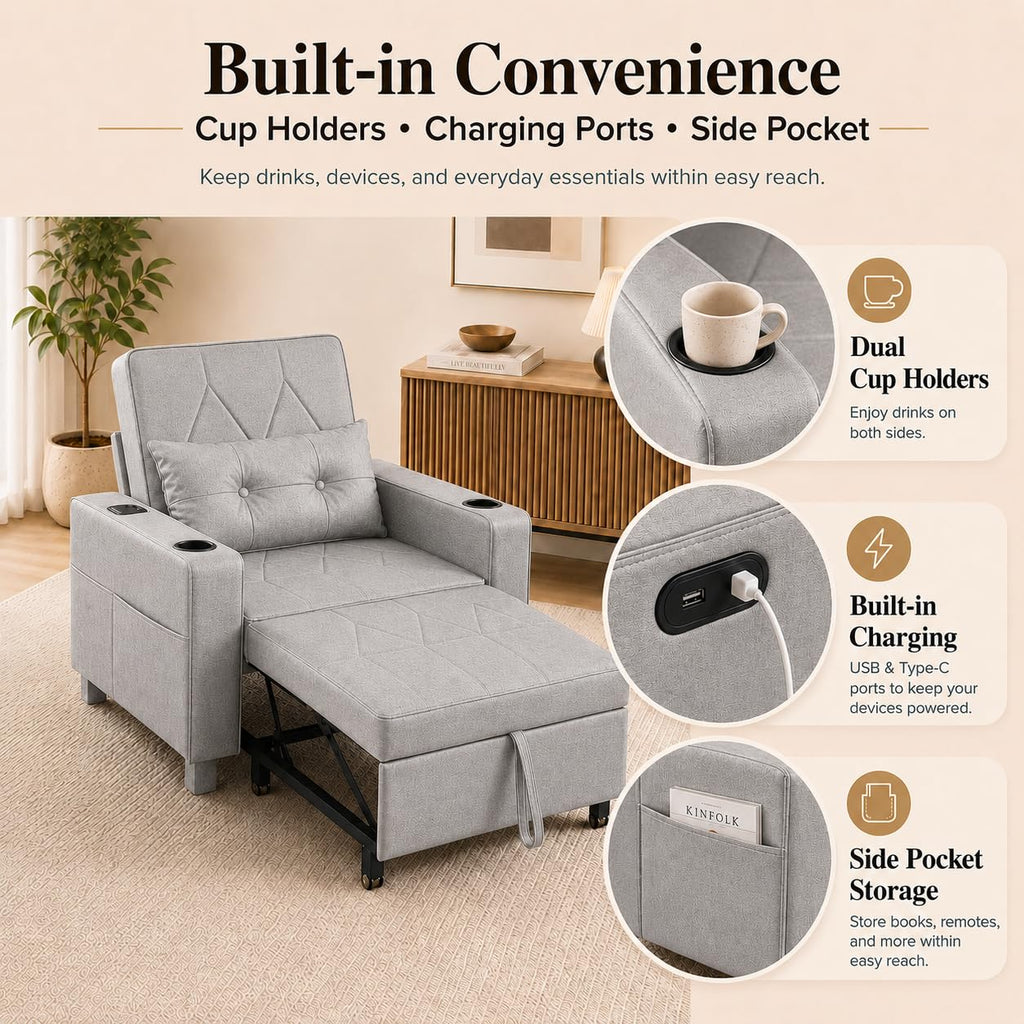 AILEEKISS Sleeper Chair Bed, 3-in-1 Convertible Pull Out Sofa, Faux Leather