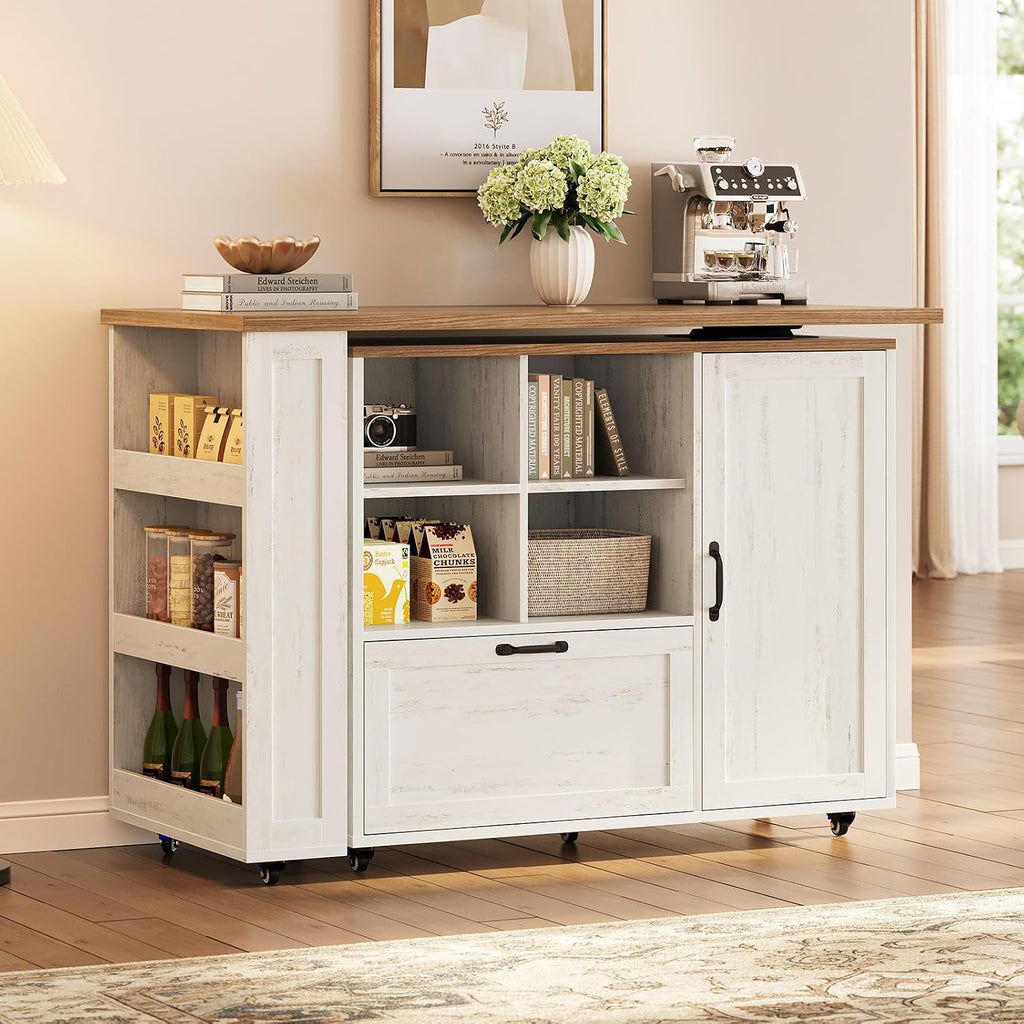 72" Rolling Kitchen Island with 360Â° Swivel Tabletop & Power Outlet,Mobile Kitchen Islands on Wheels with Storage,Farmhouse Wood Island Cart with Spice Rack,Rustic White