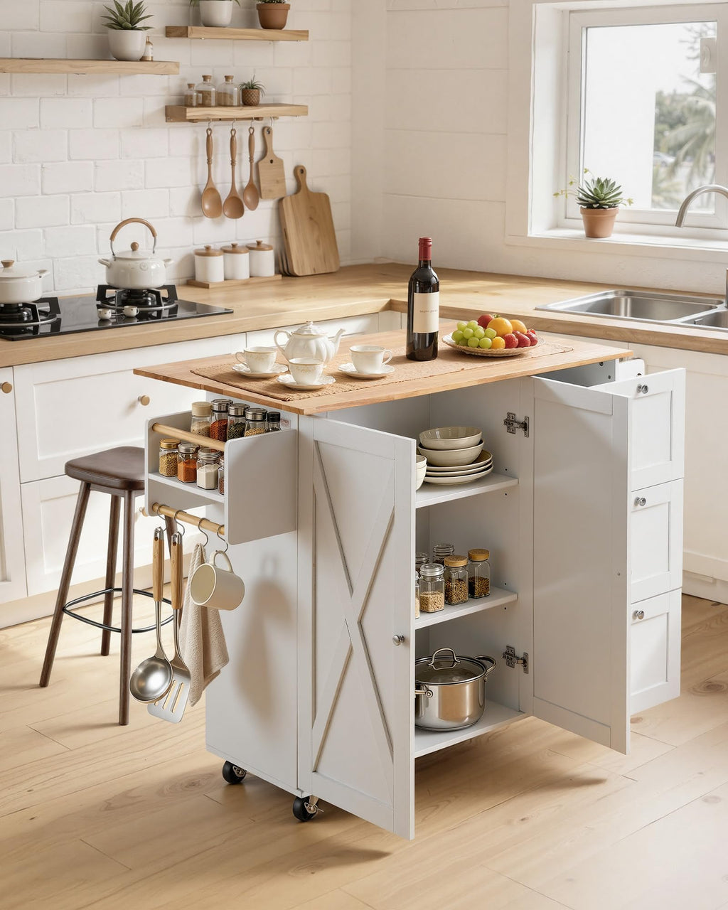 VEVOR Kitchen Island Cart with Storage, 47.64 in Wide Mobile Rolling Storage Island on Swivel Wheels, with 2 Drawers, Storage Cabinet, Drop Leaf, Towel Rack, Table for Home Dining Room, White