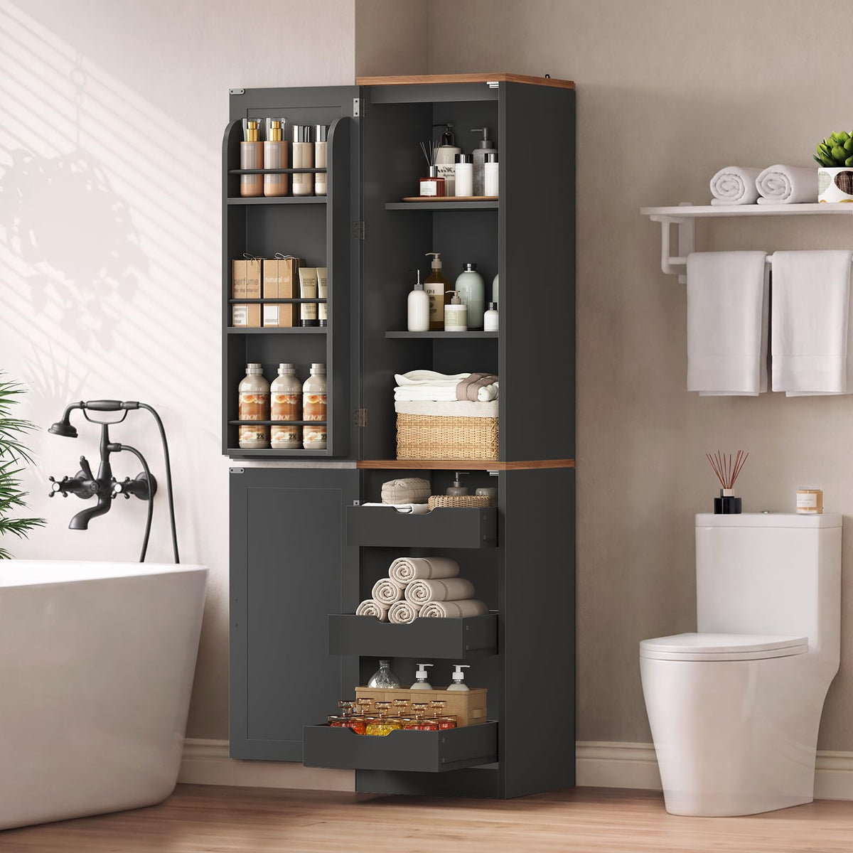 Itaar 71" Kitchen Pantry Cabinet with Charging Station and Led Light, Kitchen Storage Cabinets with Microwave Stand, 59" Wide Pantry Storage Cabinet with Storage Cart 3 Tier for Dining Room, White