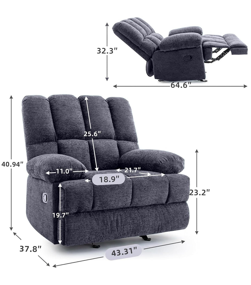 WILLOVE 41" Oversized Rocker Recliner Chair, Rocking Recliners Overstuffed Soft Big Man Manual Recliner, Extra Large Chenille Living Room Chair 350 LBS Capacity, Grey, L