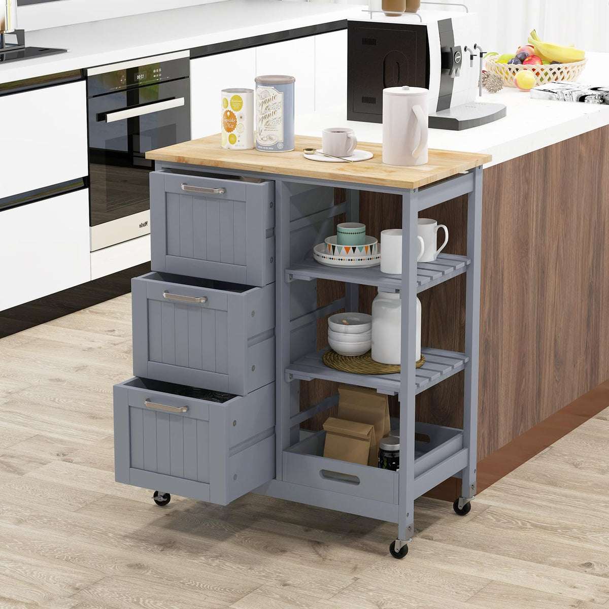 GOFLAME Kitchen Island Cart on Wheels with Storage, Versatile Rolling Cart with Wood Countertop, 3 Drawers, Removable Tray & Lockable Casters, Mobile Serving Trolley for Kitchen, Dining Room, Black