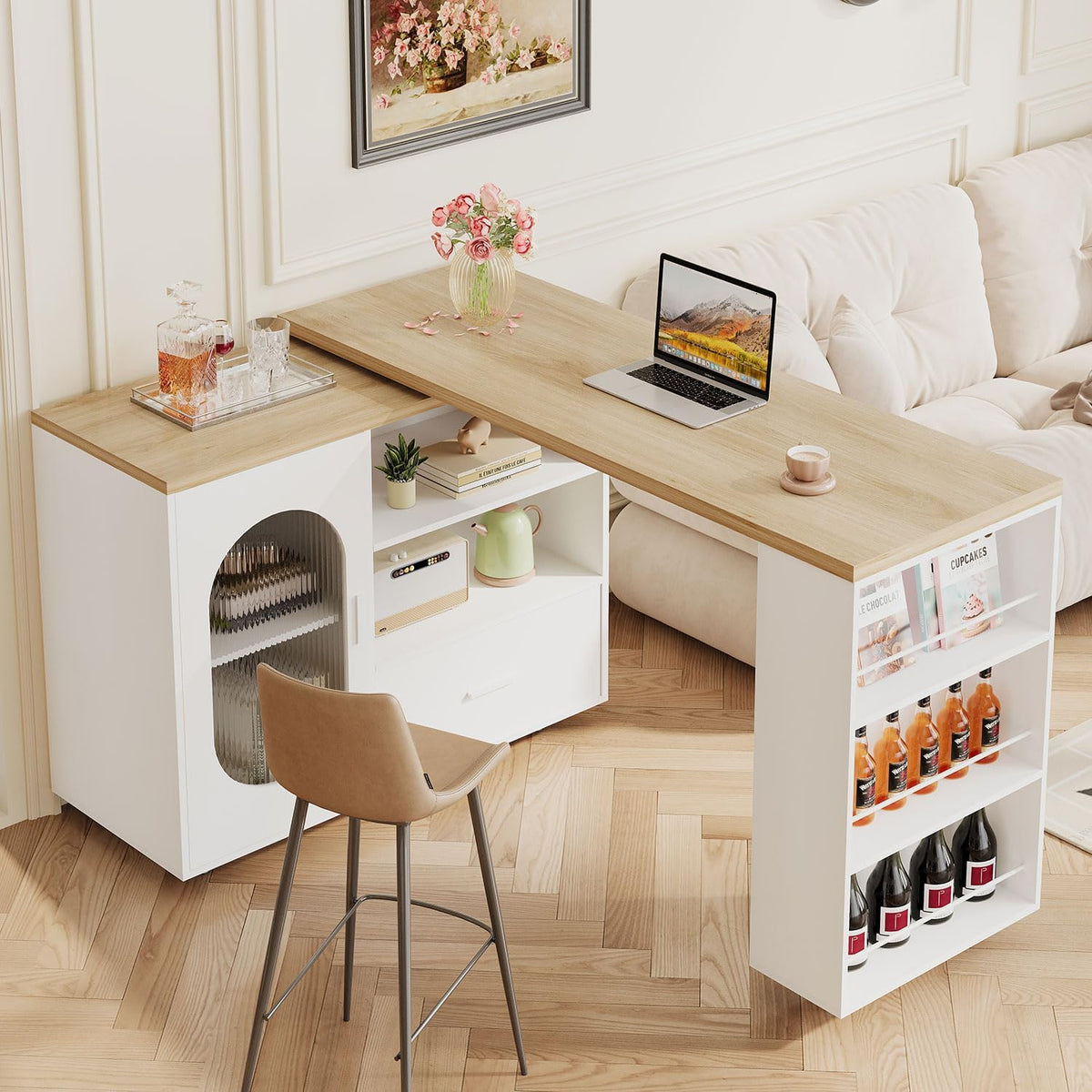 HSH 72â Rolling Kitchen Island with Seating & Storage on Wheels, White Oak