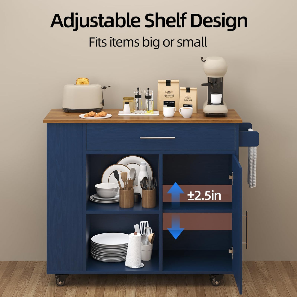 39'' Kitchen Island with Storage, Rolling Kitchen Island on Wheels, Grey
