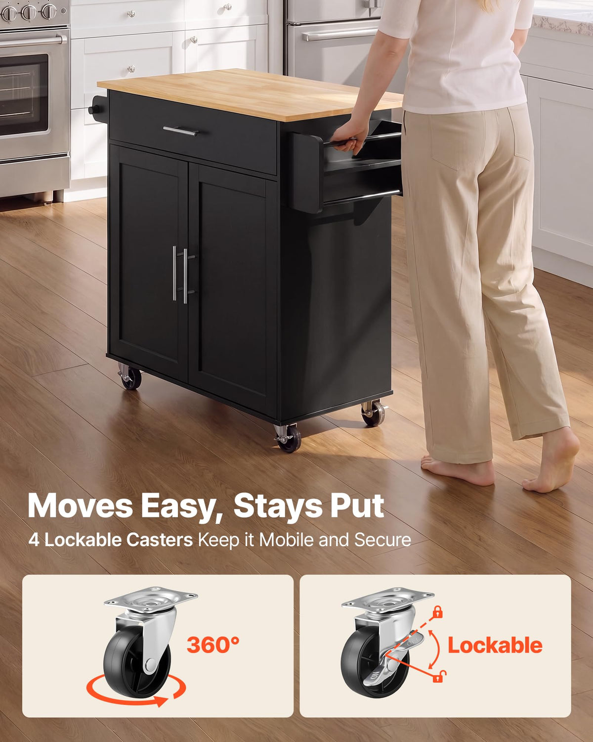 VEVOR Kitchen Island Cart with Storage, 42.28 in Wide Mobile Rolling Storage Island on Swivel Wheels, with Drawer, Storage Cabinet, Drop Leaf, Spice Rack, Table for Home Dining Room, White