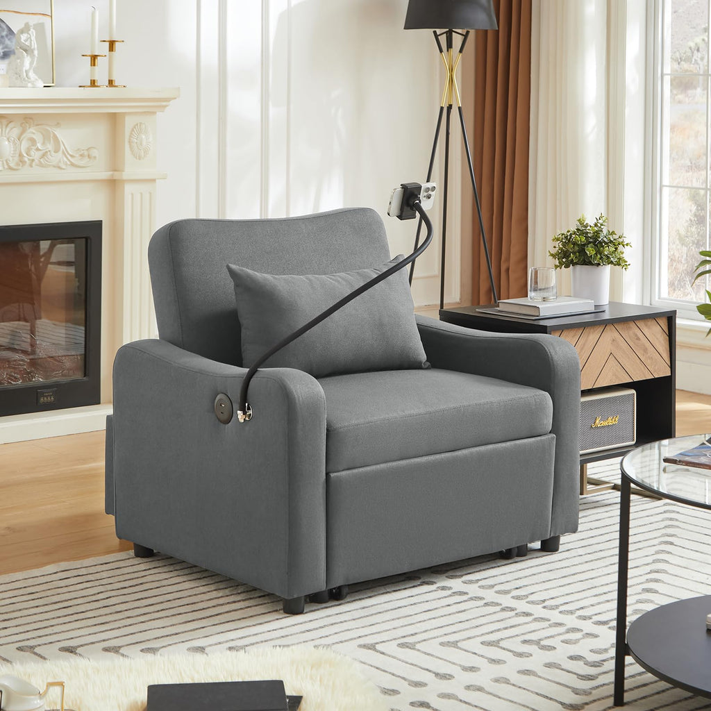 Convertible Single Sleeper Chair Bed,3 in 1 Velvet Futon Sleeper Sofa Bed with Phone Holder&USB Ports,Pull Out Couch Bed,Adjustable Recliner Armchair bed for Living Room,Office,Small Places(Grey)