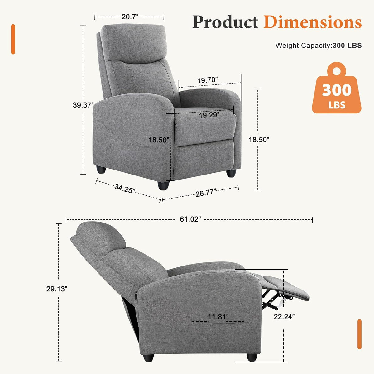 OLIXIS Recliner Chair, Reclining Sofa Chair with 3 Adjustable Angles