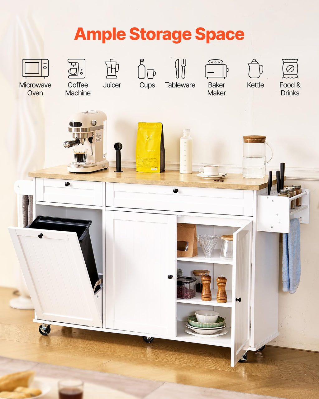 VEVOR Kitchen Island Cart with Storage, 47.64 in Wide Mobile Rolling Storage Island on Swivel Wheels, with 2 Drawers, Storage Cabinet, Drop Leaf, Towel Rack, Table for Home Dining Room, White