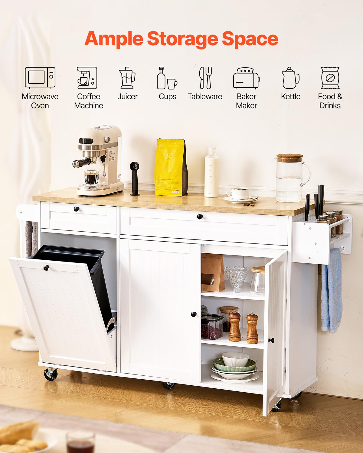 VEVOR Kitchen Island Cart with Storage, 47.64 in Wide Mobile Rolling Storage Island on Swivel Wheels, with 2 Drawers, Storage Cabinet, Drop Leaf, Towel Rack, Table for Home Dining Room, White