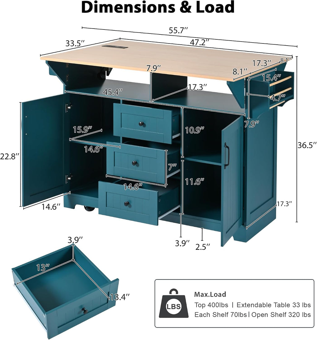 55.7'' Kitchen Island with 2 Drop Leaf for 4-6 Seating, Rolling Kitchen Cart with Power Outlet, 3 Drawers, Spice & Towel Rack, Folding Dining Table for Home Dining Room (Teal)
