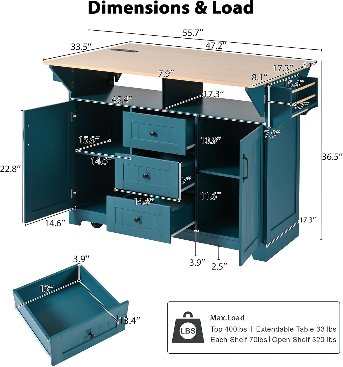 55.7'' Kitchen Island with 2 Drop Leaf for 4-6 Seating, Rolling Kitchen Cart with Power Outlet, 3 Drawers, Spice & Towel Rack, Folding Dining Table for Home Dining Room (Teal)