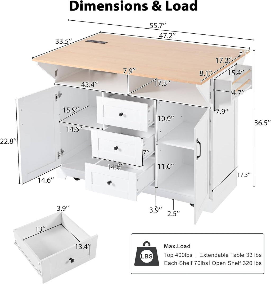 GDFStudio 55.7" Large Kitchen Island with 2 Drop Leaf,Rolling Kitchen Cart on 5 Wheels with Outlet, Folding Storage Dining Table with Spice & Towel Rack,3 Drawers,for Kitchen, Dining Room,White