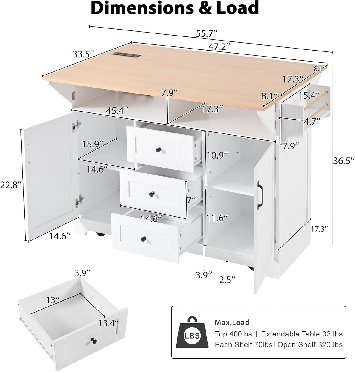 GDFStudio 55.7" Large Kitchen Island with 2 Drop Leaf,Rolling Kitchen Cart on 5 Wheels with Outlet, Folding Storage Dining Table with Spice & Towel Rack,3 Drawers,for Kitchen, Dining Room,White