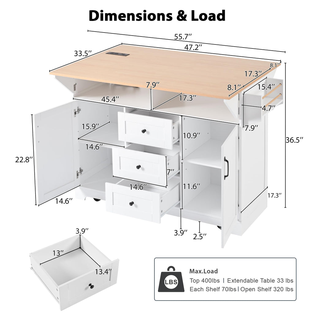 55.7'' Kitchen Island with 2 Drop Leaf for 4-6 Seating, Rolling Kitchen Cart with Power Outlet, 3 Drawers, Spice & Towel Rack, Folding Dining Table for Home Dining Room (Teal)