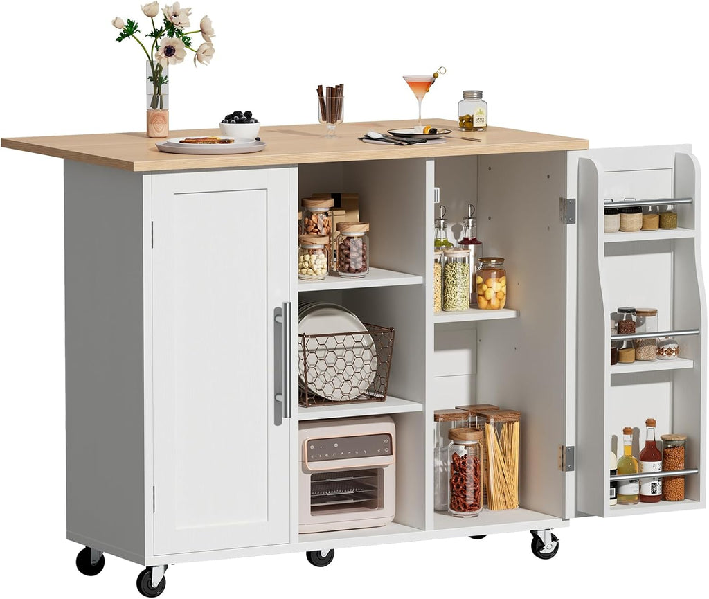 DUMOS Mobile Storage Island on Wheels, 42in Kitchen Cart with Spice Rack