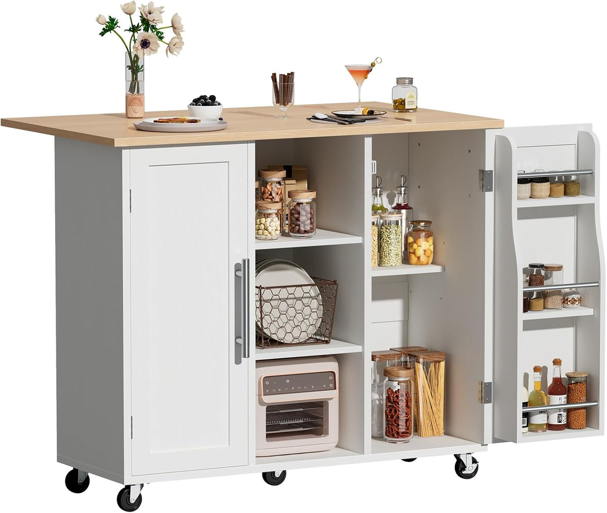 DUMOS Mobile Storage Island on Wheels, 42in Kitchen Cart with Spice Rack