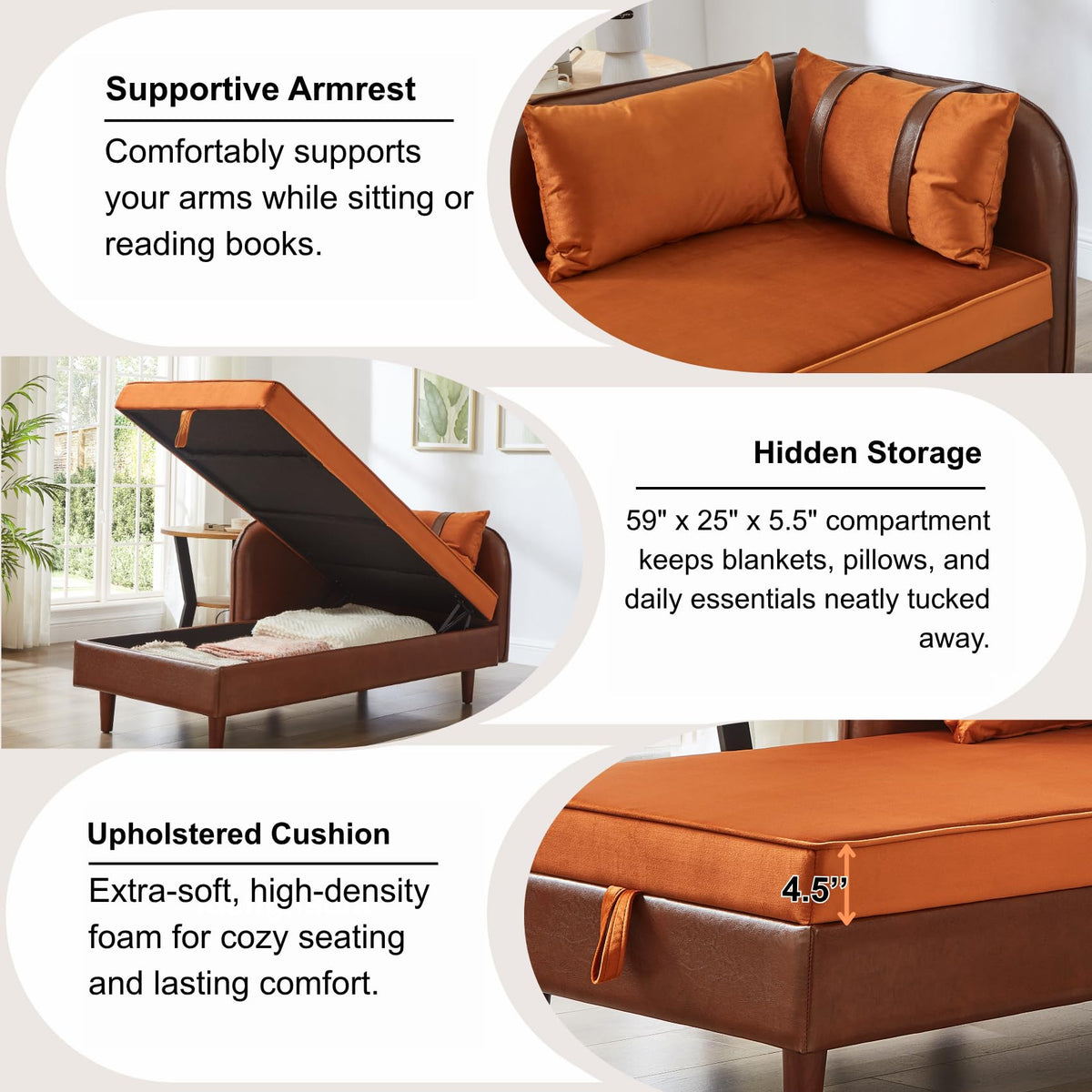 Modern 32''W Chaise Lounge with Armrest (Hold Right Arm), Indoor Recliner, Comfy Deep Seat Sleeper Chair Single Sofa Bed for Apartment, Living Room, Ivory L.