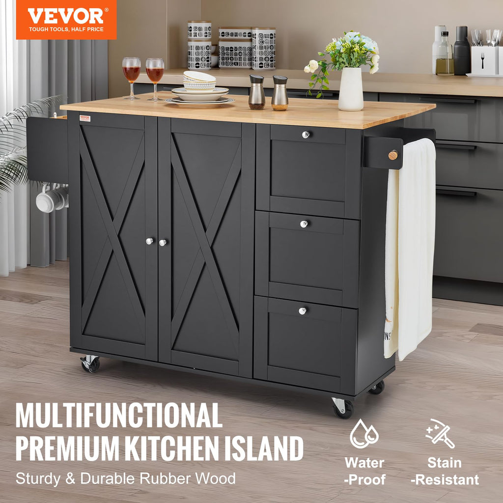 VEVOR Kitchen Island Cart with Storage, 47.64 in Wide Mobile Rolling Storage Island on Swivel Wheels, with 2 Drawers, Storage Cabinet, Drop Leaf, Towel Rack, Table for Home Dining Room, White
