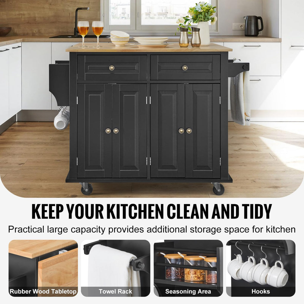 VEVOR Kitchen Island Cart with Storage, 47.64 in Wide Mobile Rolling Storage Island on Swivel Wheels, with 2 Drawers, Storage Cabinet, Drop Leaf, Towel Rack, Table for Home Dining Room, White