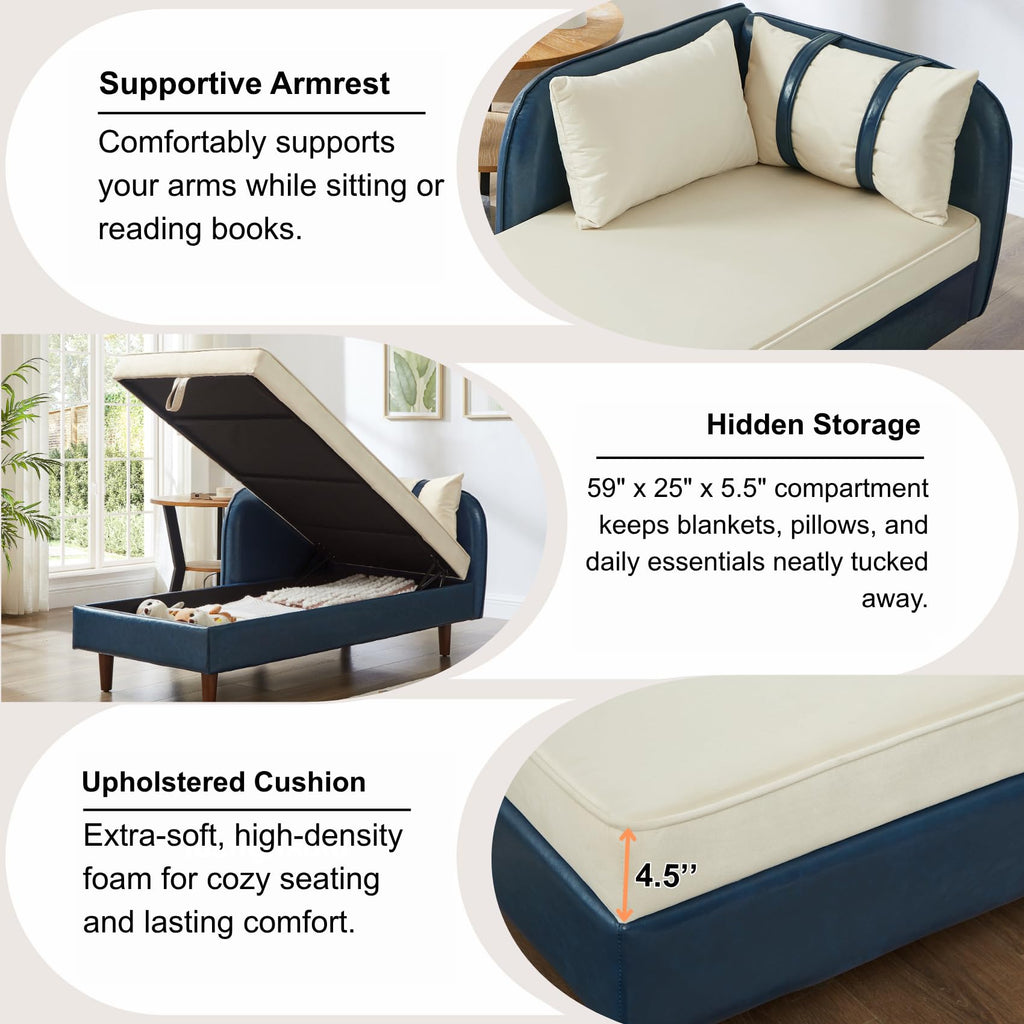 Modern 32''W Chaise Lounge with Armrest (Hold Right Arm), Indoor Recliner, Comfy Deep Seat Sleeper Chair Single Sofa Bed for Apartment, Living Room, Ivory L.