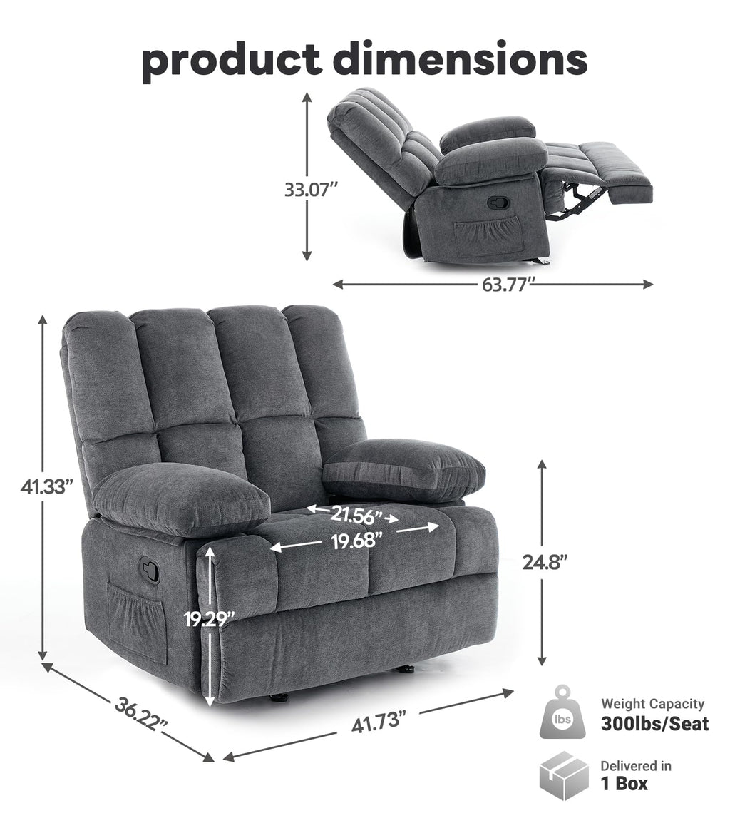 WILLOVE 41" Oversized Rocker Recliner Chair, Rocking Recliners Overstuffed Soft Big Man Manual Recliner, Extra Large Chenille Living Room Chair 350 LBS Capacity, Grey, L