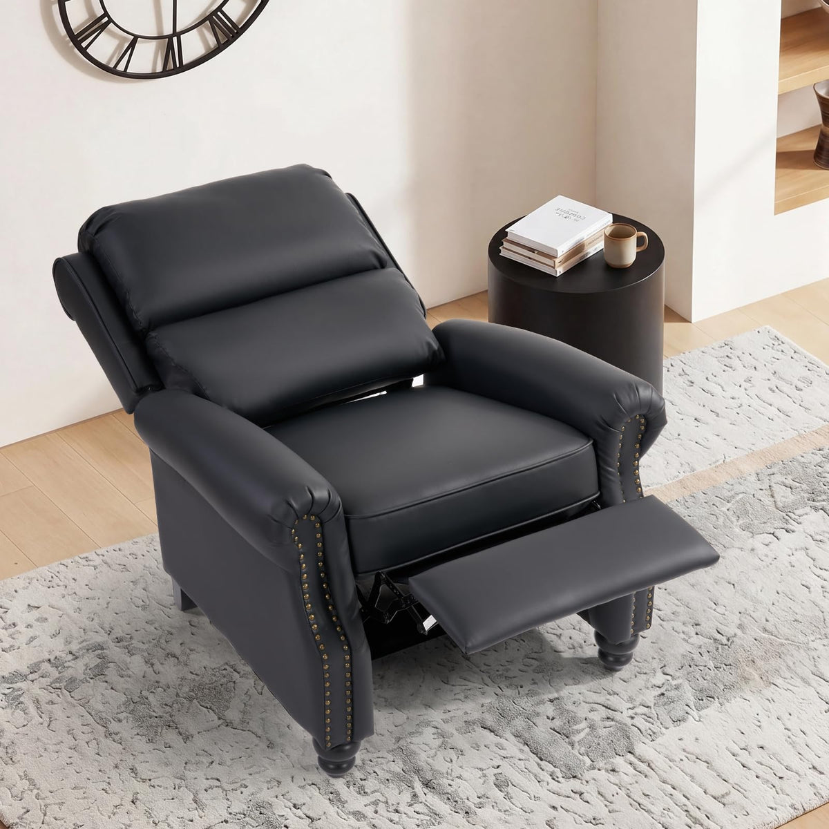 CANMOV Pushback Recliner Chair Faux Leather Armchair Push Back Recliner with Rivet Decoration Single Sofa Accent Chair for Living Room, Chocolate