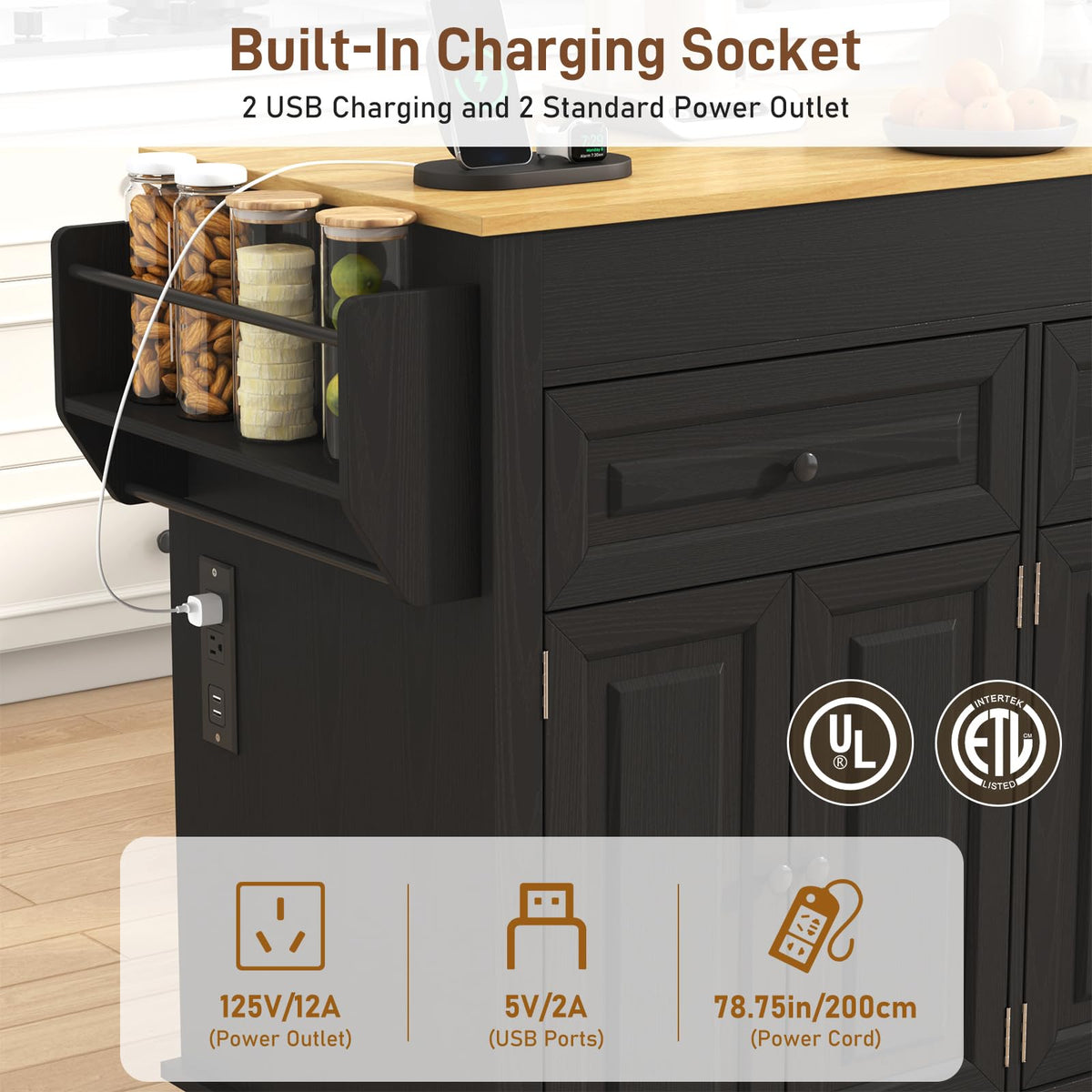 80"-48" Extendable Kitchen Island with Extended Dining Table and Power Outlet,Large Mobile Kitchen Storage Islands with 2 Storage Drawers,Rolling Islands Cart with 3 Extra Rows Open Shelves(Brown)