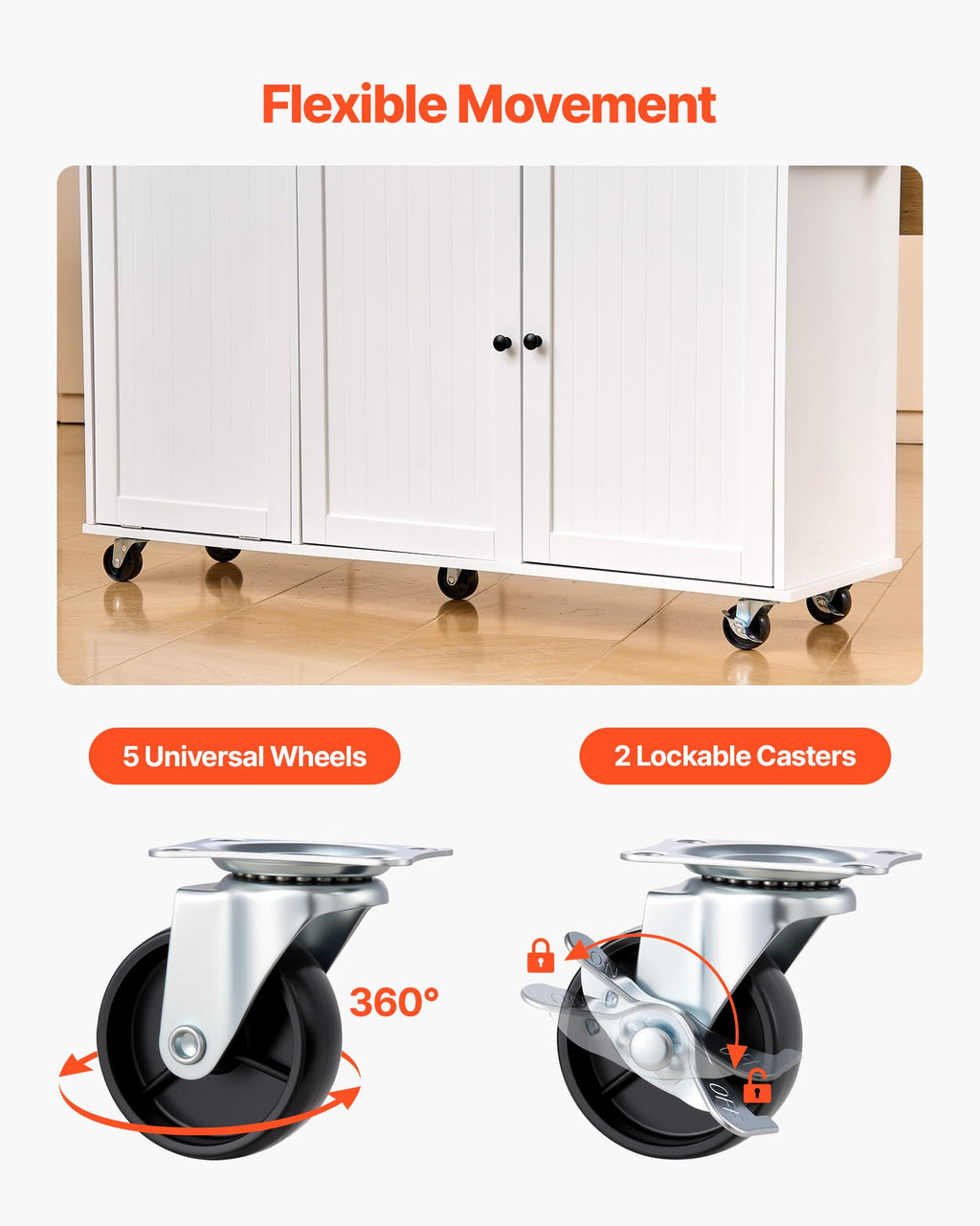 VEVOR Kitchen Island Cart with Storage, 47.64 in Wide Mobile Rolling Storage Island on Swivel Wheels, with 2 Drawers, Storage Cabinet, Drop Leaf, Towel Rack, Table for Home Dining Room, White
