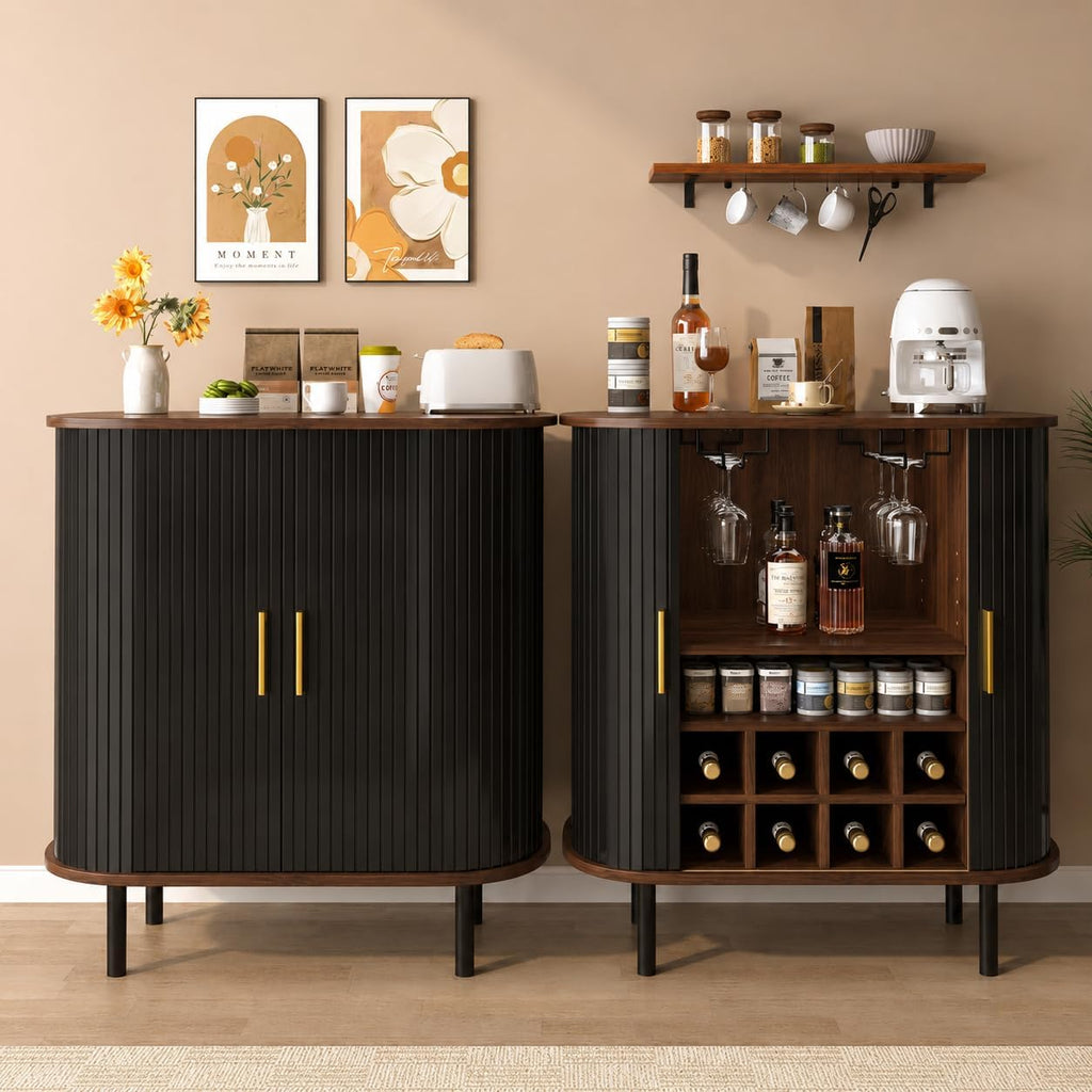 28 Inch Fluted Wine Bar Cabinet with Storage, Coffee Bar Cabinet with Sliding Tambour Doors, 8-Grid Wine Rack, Glass Holders, Adjustable Shelves, Sideboard Buffet Cabinet(Black)
