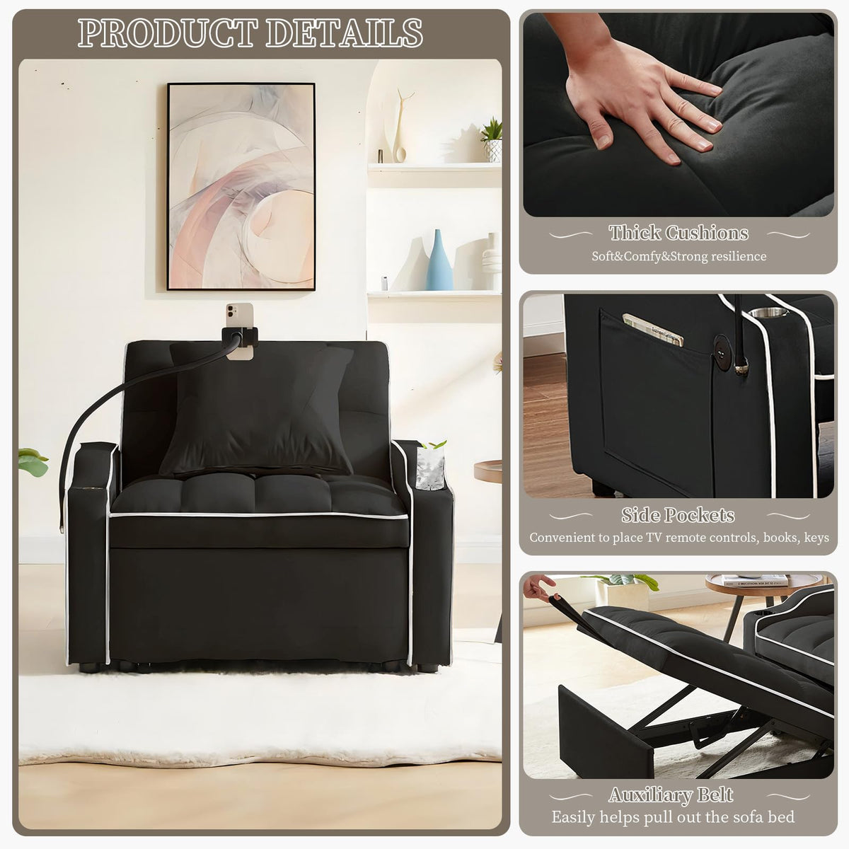 Convertible Single Sleeper Chair Bed,3 in 1 Velvet Futon Sleeper Sofa Bed with Phone Holder&USB Ports,Pull Out Couch Bed,Adjustable Recliner Armchair bed for Living Room,Office,Small Places(Grey)