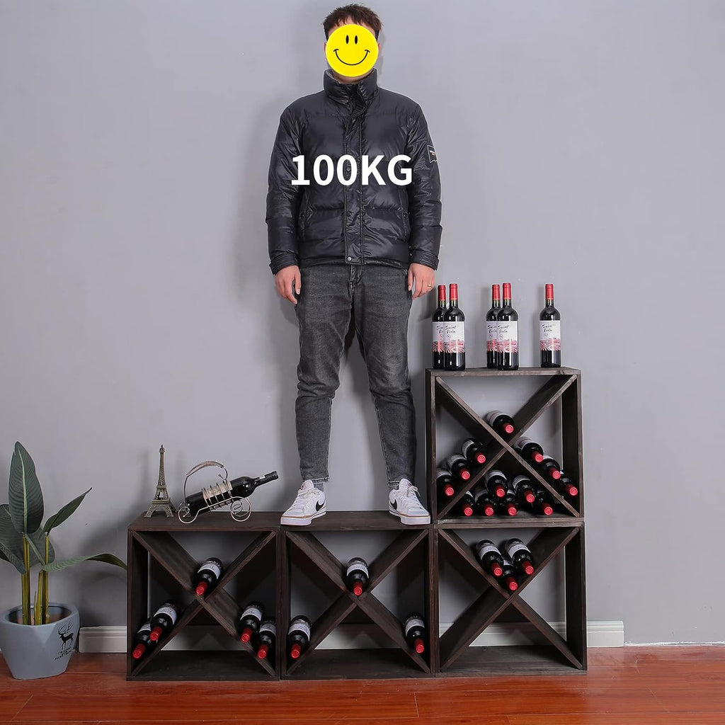 Wine Racks countertop Solid Wood Stackable Storage Rustic Retro Cube 48-Bottle Wooden Wine Rack Wine Cabinet(48BottleBlack)