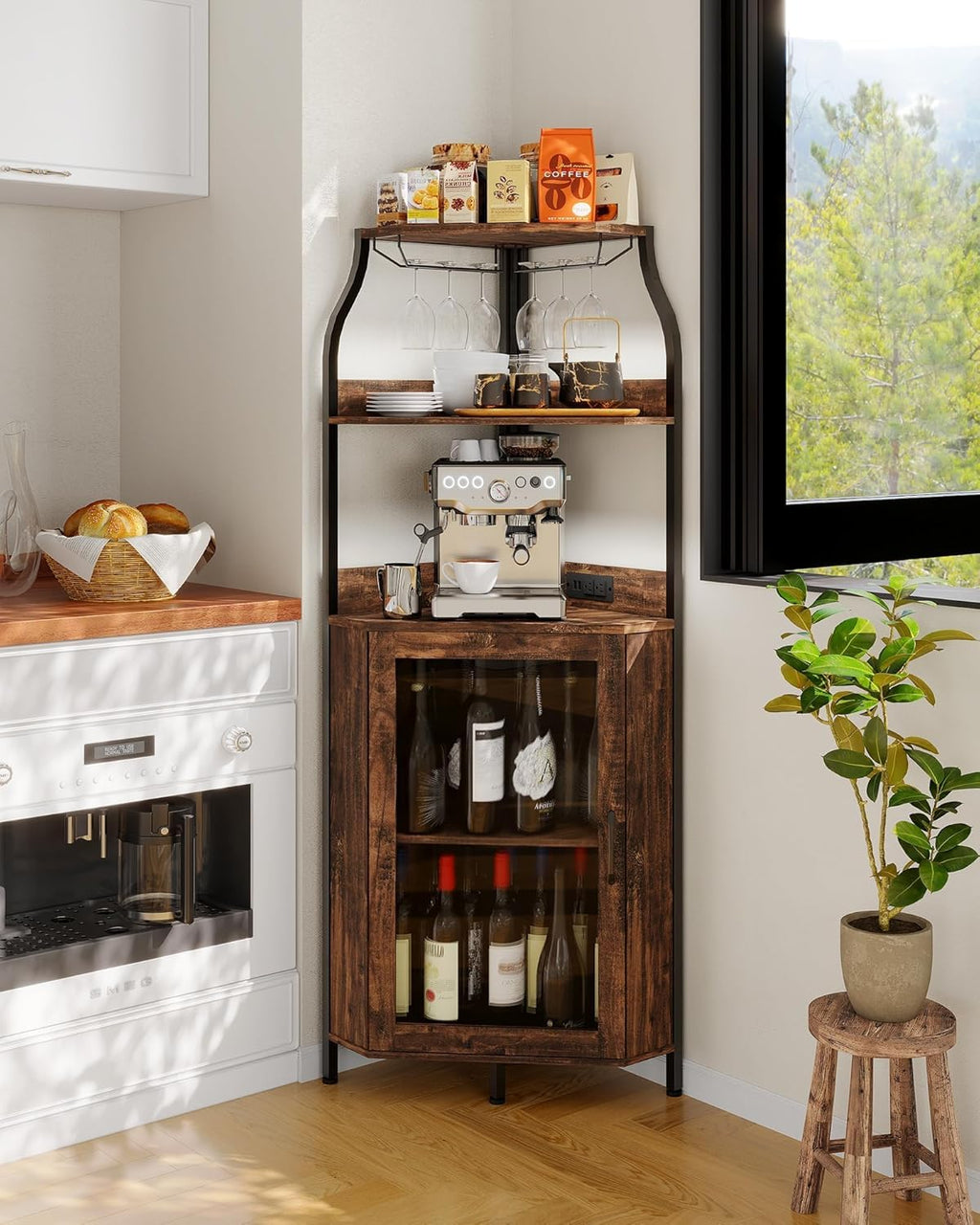 Garvee 72-Inch Industrial Corner Wine Cabinet with Built-in Power Outlet and LED Strip, Mesh Door Liquor Storage with Glass Holder, 5-Tier Bar Display Unit for Home or Small Space, Sturdy Metal Frame