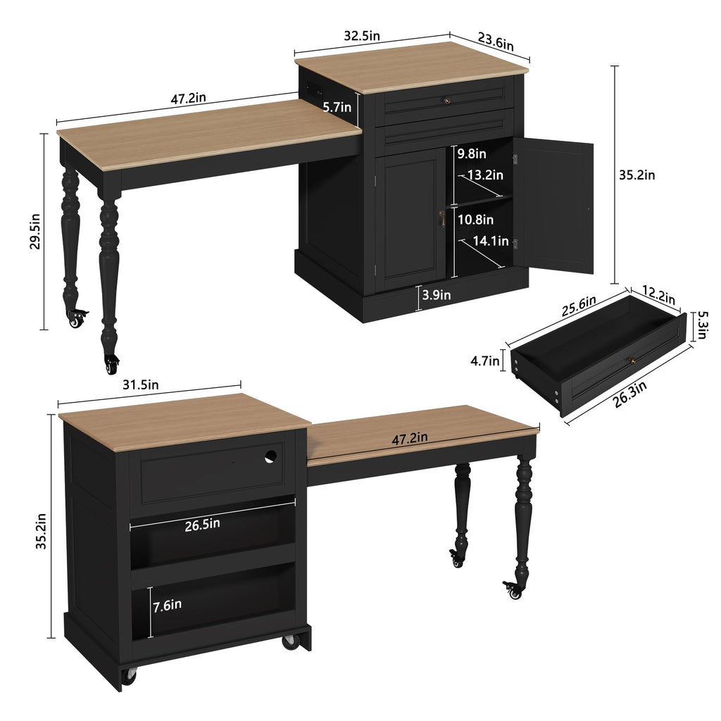HLR 72" Kitchen Island with Extendable Table for 2-4, Island Table for Kitchen with Power Outlet and Storage Slide Out Legs, Rolling Islands Cart with 2 Doors (White)