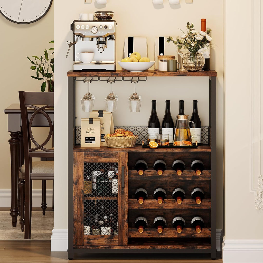 3-Tier Wine Bar Cabinet with Removable Wine Rack, Liquor Storage Cabinet with Glass Holder & Mesh Door, Coffee Bar Sideboard Buffet for Living Room or Dining Room, Gray