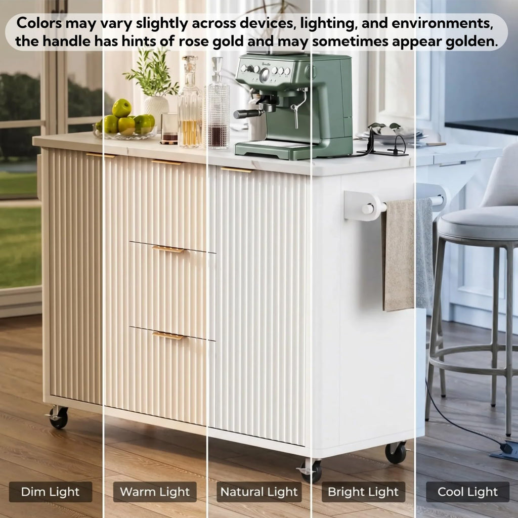 Large Fluted Kitchen Island Cart on Wheels with Storage, Natural