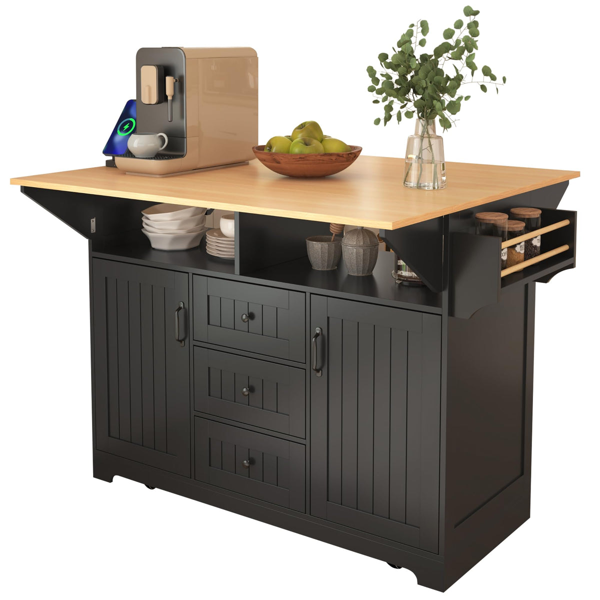 GDFStudio 55.7" Large Kitchen Island with 2 Drop Leaf,Rolling Kitchen Cart on 5 Wheels with Outlet, Folding Storage Dining Table with Spice & Towel Rack,3 Drawers,for Kitchen, Dining Room,White