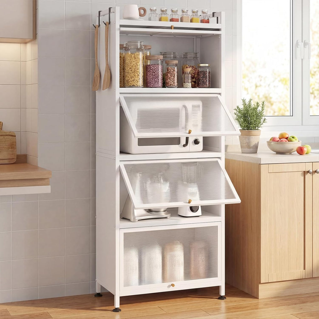 GIANTEX 5-Tier Kitchen Storage Cabinet, 4 PC Doors, Rolling Wheels, White