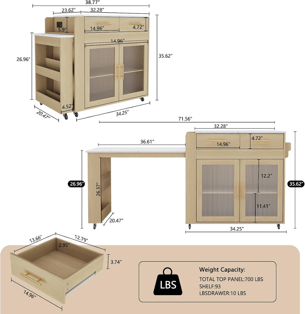 HLR 72" Extendable Rolling Kitchen Island with Storage, Island Table on Wheels with Marble Grain Countertop & Power Outlet, Portable Island Cart with Cabinets, Drawers and Shelves, Wood