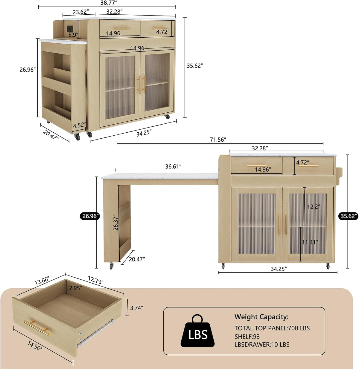 HLR 72" Extendable Rolling Kitchen Island with Storage, Island Table on Wheels with Marble Grain Countertop & Power Outlet, Portable Island Cart with Cabinets, Drawers and Shelves, Wood