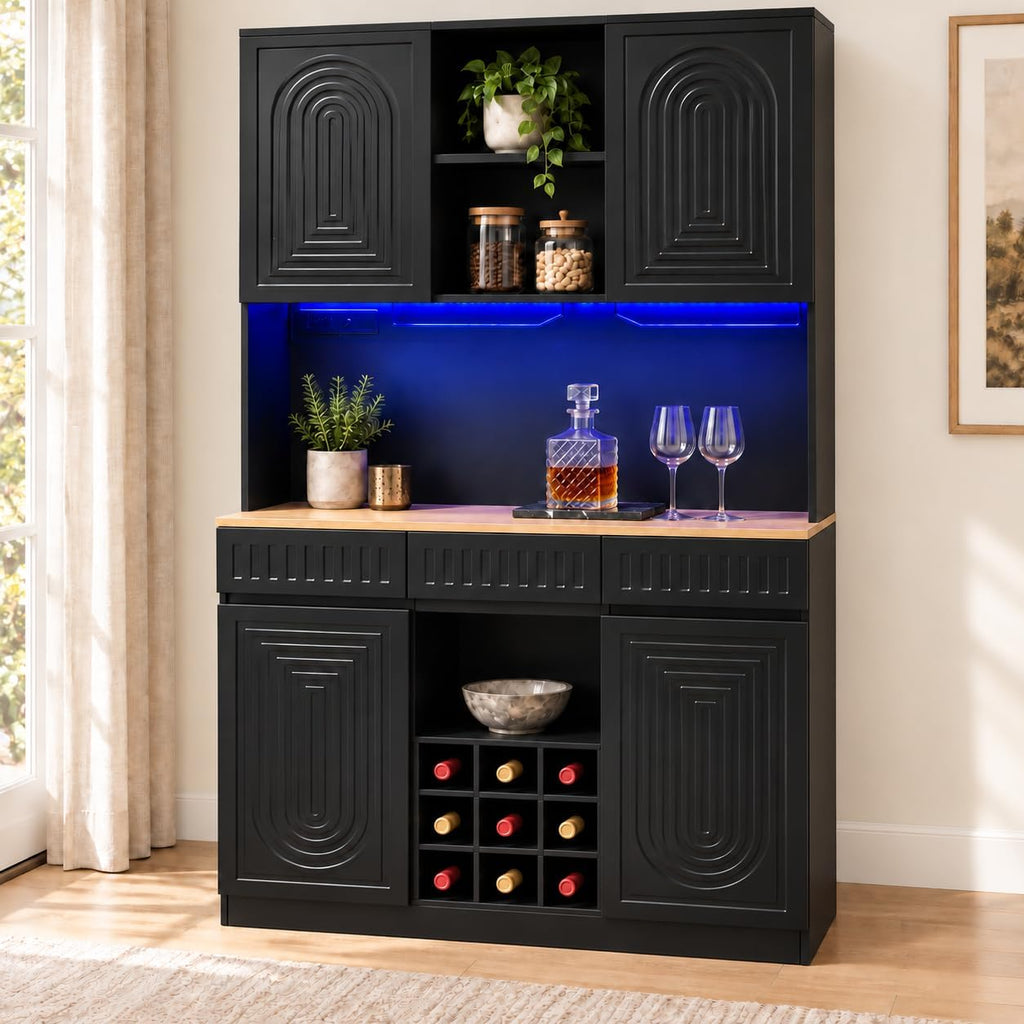 71" Tall Bar Cabinet w/ LED & Power Outlet, Pantry Hutch w/ Microwave Shelf