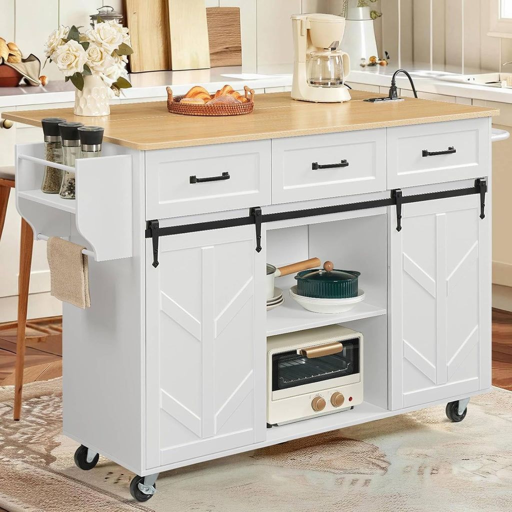 HOOBRO Kitchen Island with Drop Leaf, Rolling Kitchen Cart on Wheels with Power Outlet, Sliding Barn Door Storage Cabinet, 3 Drawers & Spice Rack for Dining Room, White and Natural WN70UZD01