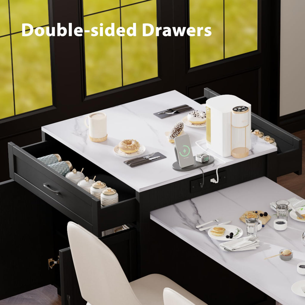 Large Kitchen Island with Extended Dining Table and Power Outlet, Rolling Kitchen Storage Cart with 3 Drawers, Kitchen Island on Wheels with Spice Rack and 2 Door Cabinet, Black