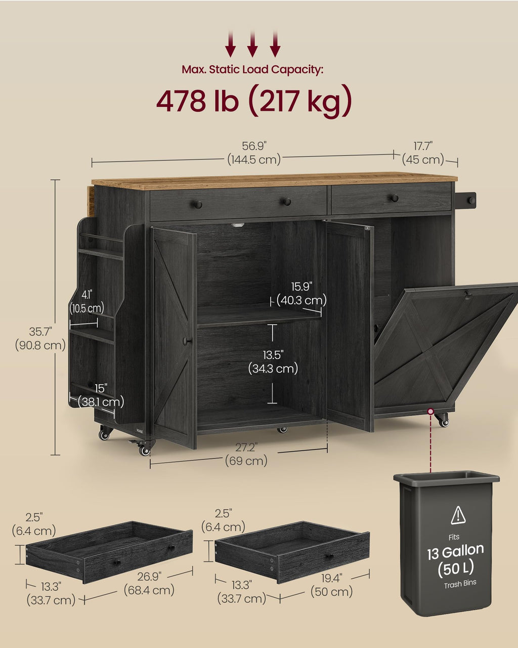 VASAGLE Mobile Kitchen Island with 2 Doors, 2 Drawers