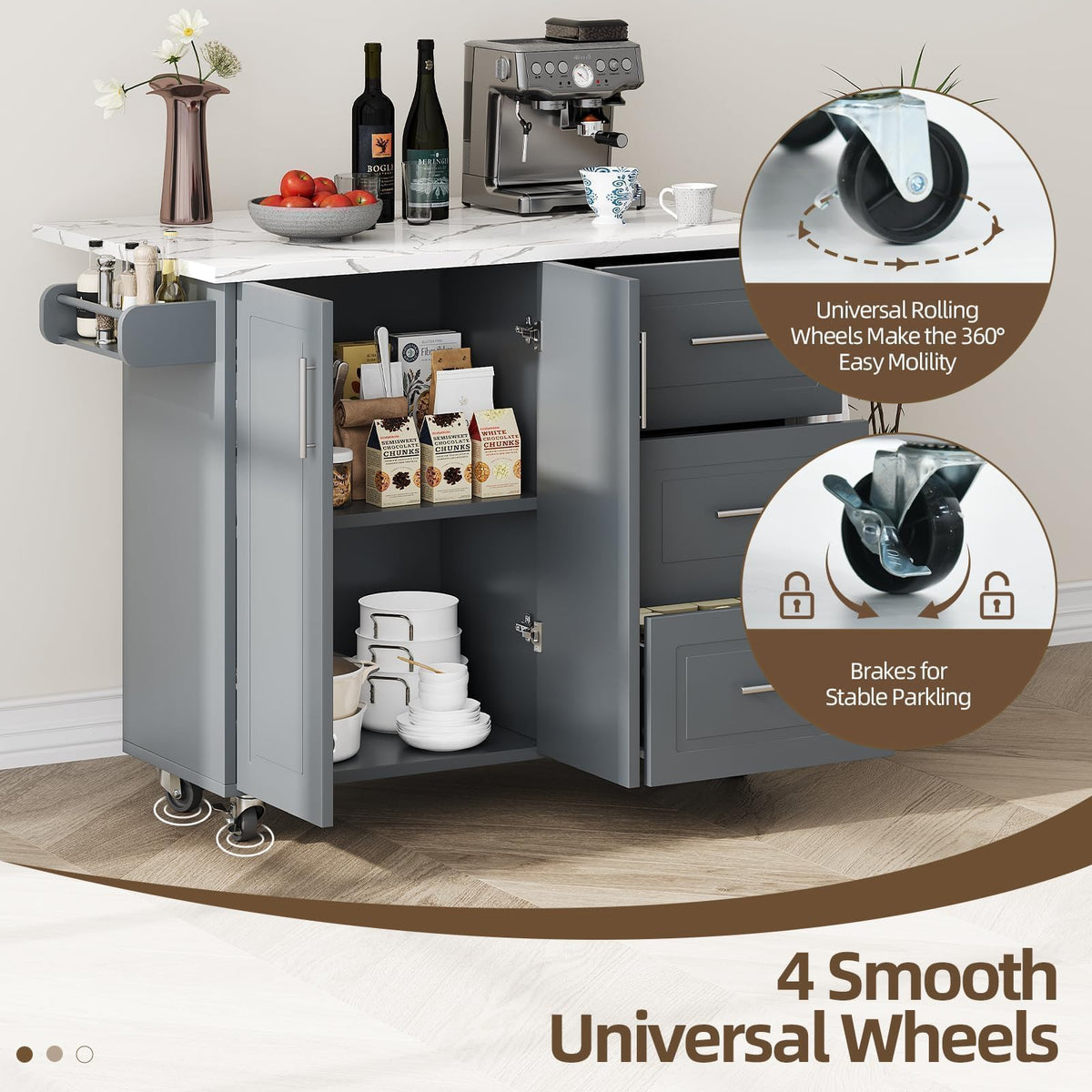 43" Kitchen Island on Wheels, Rolling Kitchen Island with Drop Leaf, Black