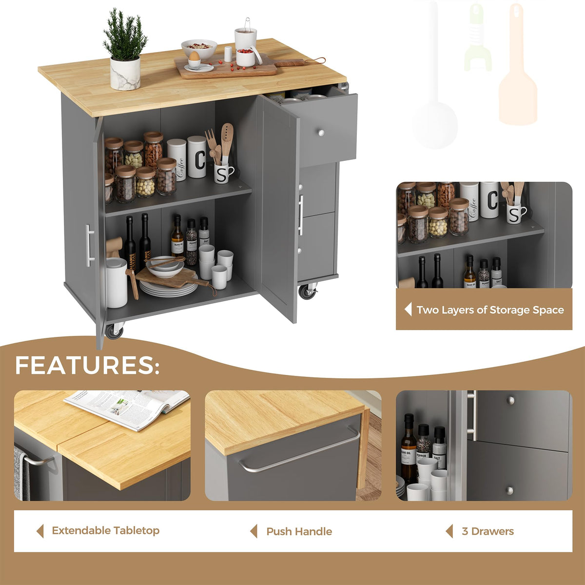 JY QAQA 40" Kitchen Island Cart Furniture cart on Wheels Rolling Portable Dining Room Serving Utility Carts Mobile Movable with Drawers Cabinet,Black