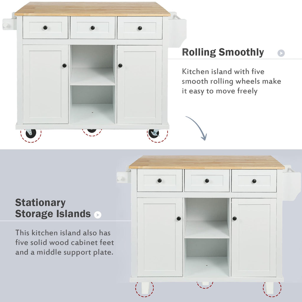 Ball & Cast Farmhouse Kitchen Island with Power Outlet,Dining Storage Island with Drop Leaf,Spice Rack and Drawer,Rolling Dining Cart on Wheels for Home,Kitchen,Dining Room,White,54"